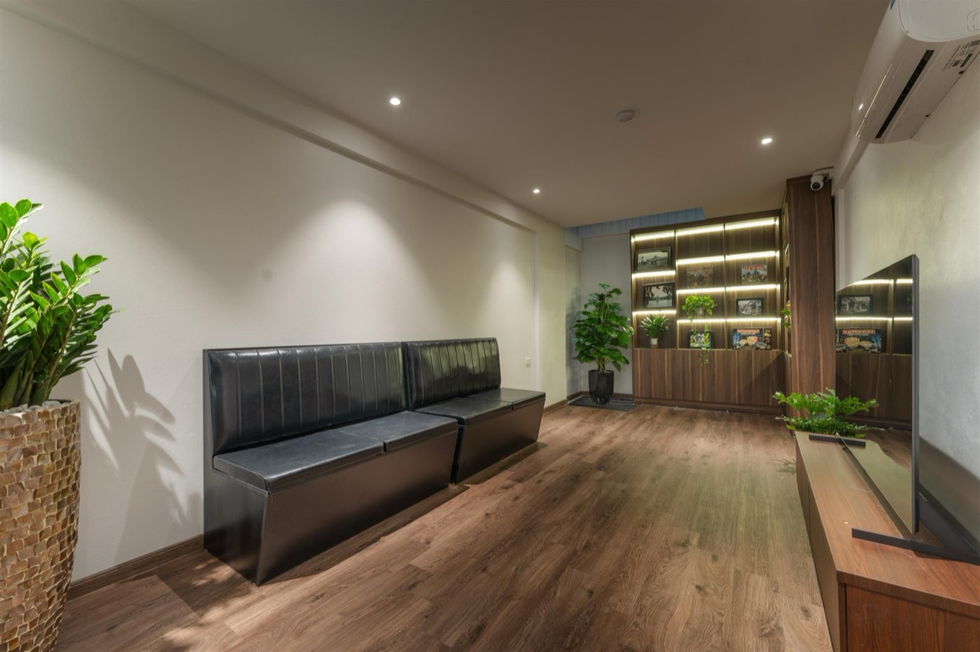 The common area with sofas and a big TV